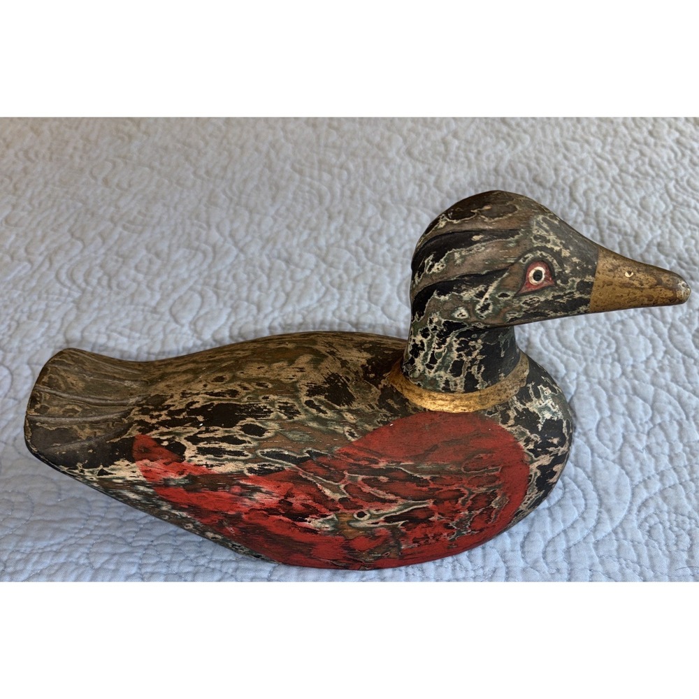 Wooden Duck Decoy Folk Art Rustic Cabin Decor 10" Red Wing